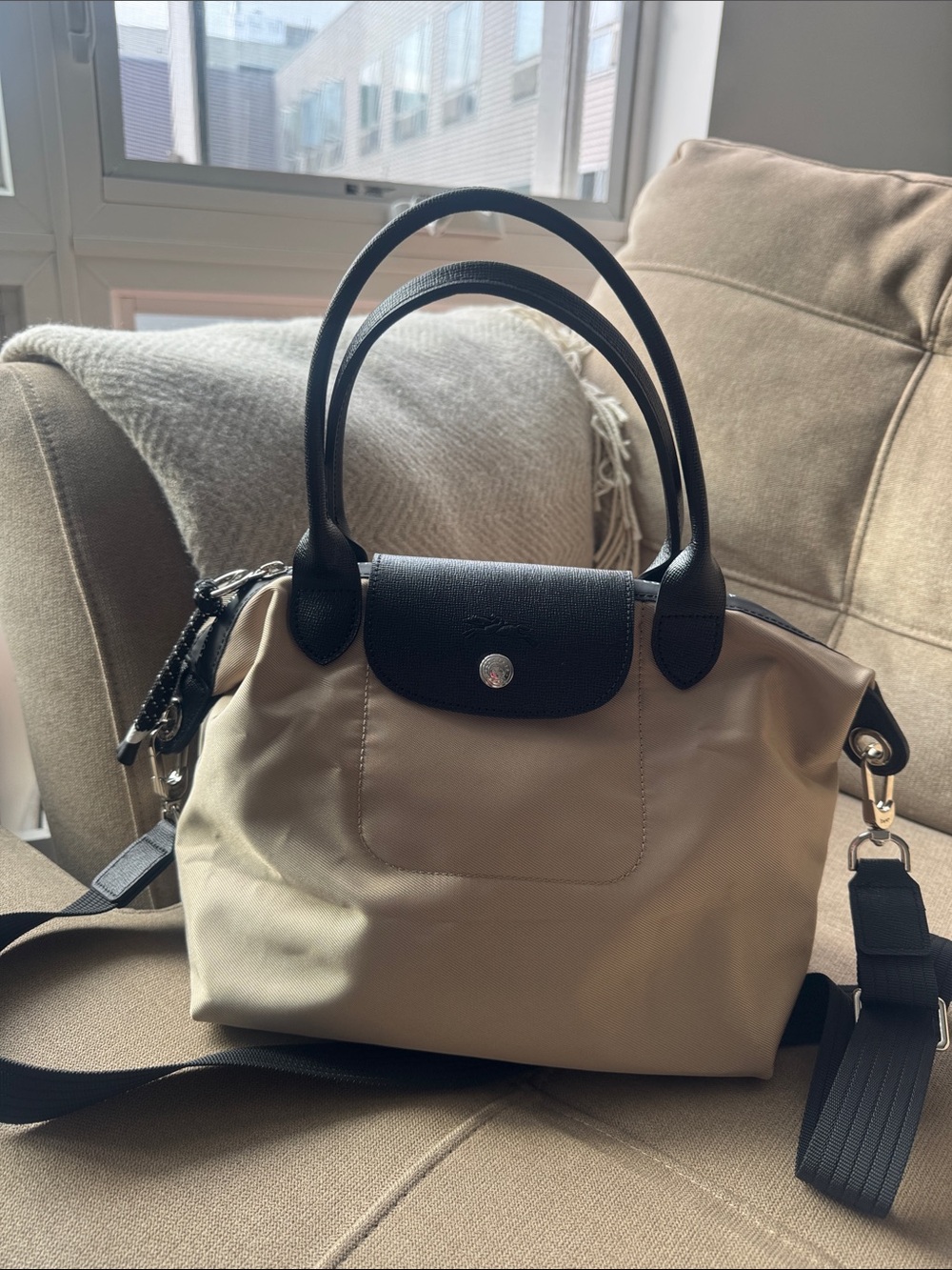 Beige and Black Women's Tote Bag with Removable Strap